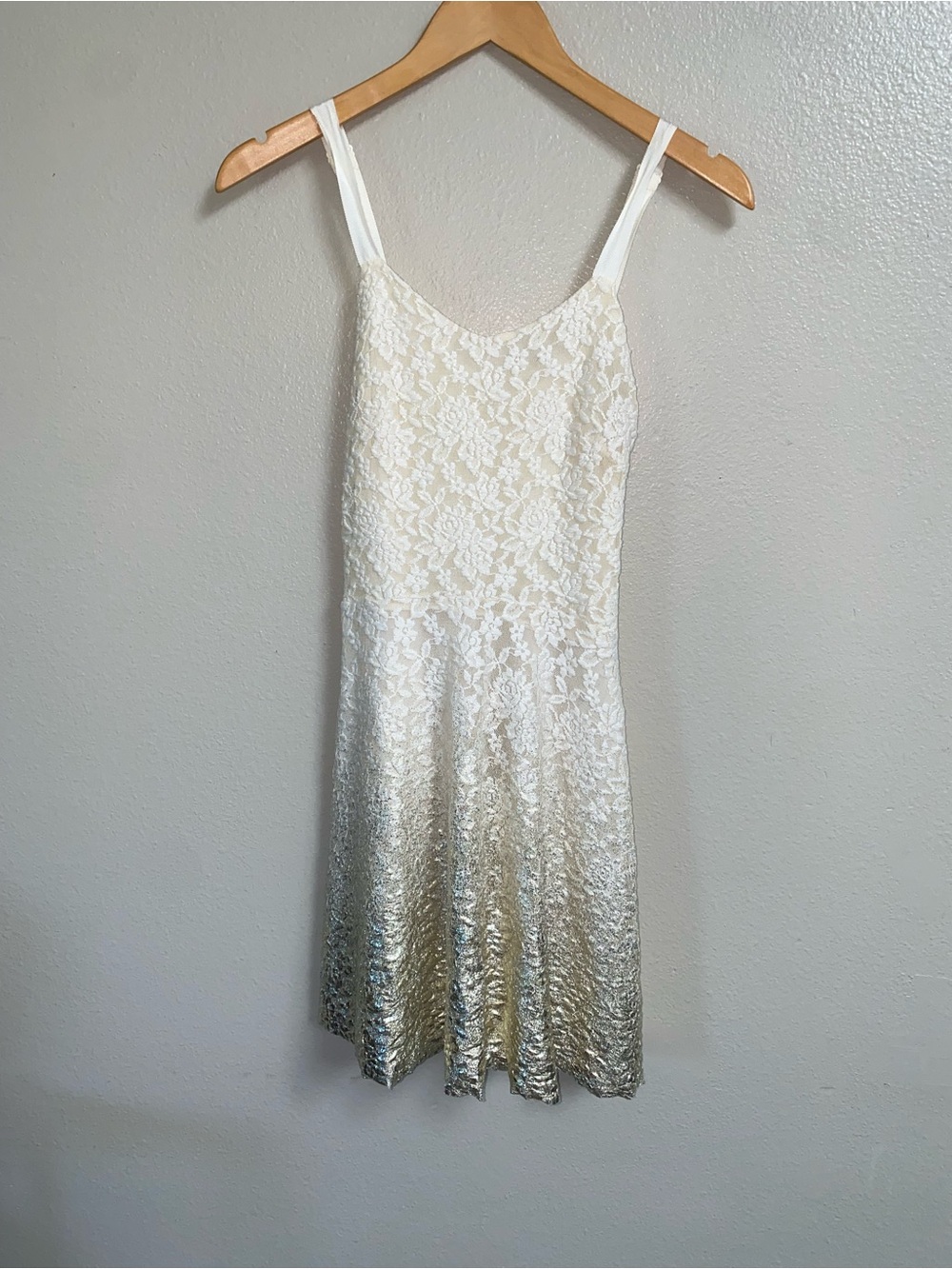 Free People XS Cream Crochet Lace Metallic Gold Ombre Dress Balletcore